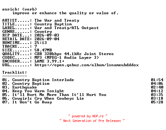 NFO for the release The_War_and_Treaty-Country_Baptism-EP-WEB-2026-ENRiCH by ENRiCH