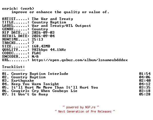 NFO for the release The_War_and_Treaty-Country_Baptism-EP-16BIT-WEB-FLAC-2026-ENRiCH by ENRiCH