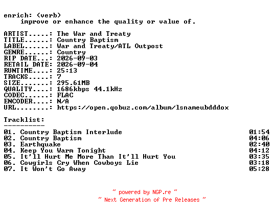 NFO for the release The_War_and_Treaty-Country_Baptism-EP-24BIT-WEB-FLAC-2026-ENRiCH by ENRiCH