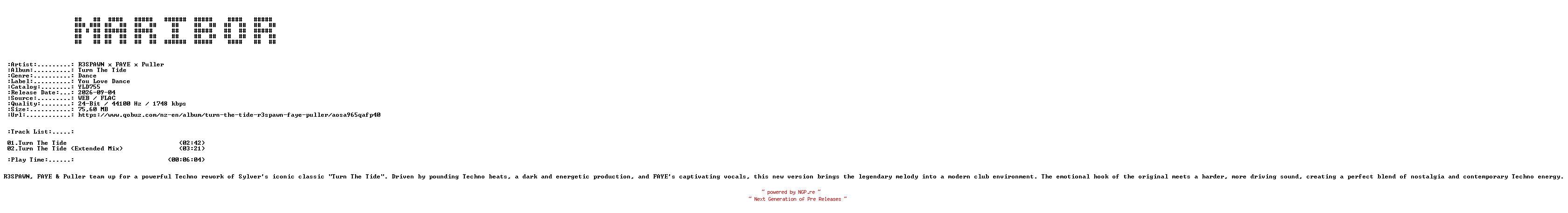 NFO for the release R3SPAWN_x_FAYE_x_Puller-Turn_The_Tide-(YLD755)-24BIT-WEB-FLAC-2026-MARiBOR by MARiBOR
