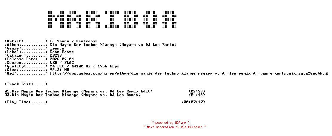NFO for the release DJ_Yanny_x_XentroniX-Die_Magie_Der_Techno_Klaenge_(Megara_vs_DJ_Lee_Remix)-(DB238)-24BIT-WEB-FLAC-2026-MARiBOR by MARiBOR