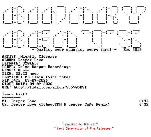 NFO for the release Nightly_Closures-Deeper_Love-(DELVE333)-WEB-2026-BB by BB
