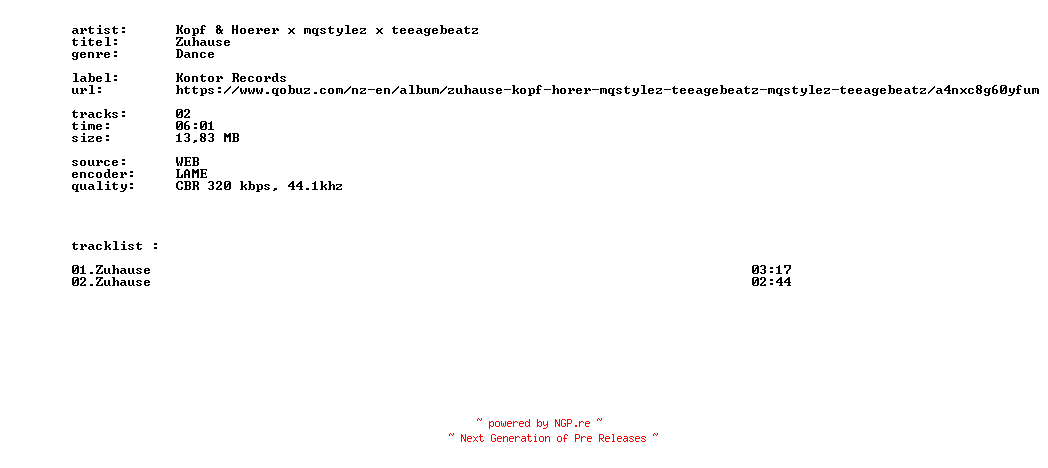 NFO for the release Kopf_And_Hoerer_X_Mqstylez_X_Teeagebeatz_-_Zuhause-WEB-DE-2026-BITCOINS by BITCOINS