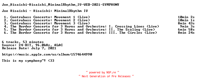NFO for the release Joe_Hisaishi-Hisaishi_MinimalRhythm_IV-WEB-2021-SYMPHONY by SYMPHONY