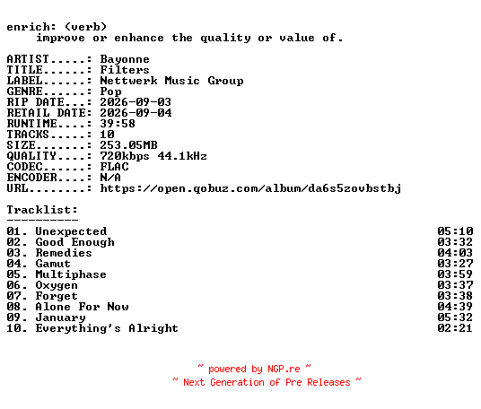 NFO for the release Bayonne-Filters-16BIT-WEB-FLAC-2026-ENRiCH by ENRiCH