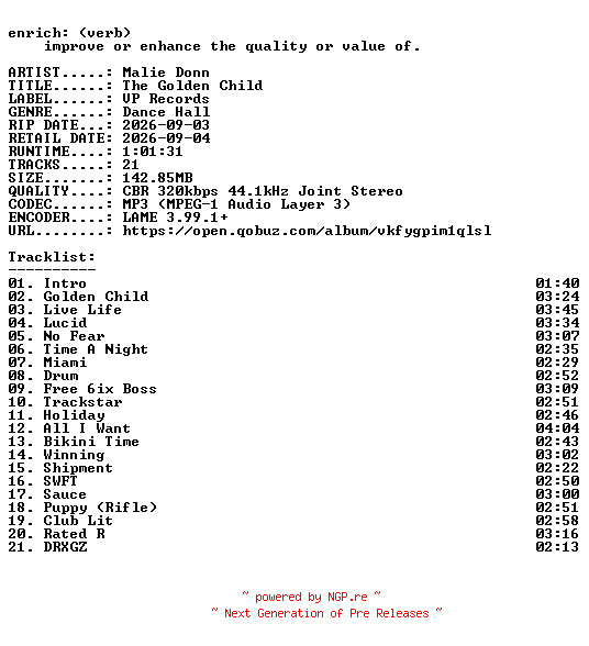 NFO for the release Malie_Donn-The_Golden_Child-WEB-2026-ENRiCH by ENRiCH