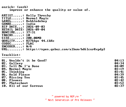 NFO for the release Holly_Throsby-Normal_Magic-16BIT-WEB-FLAC-2026-ENRiCH by ENRiCH