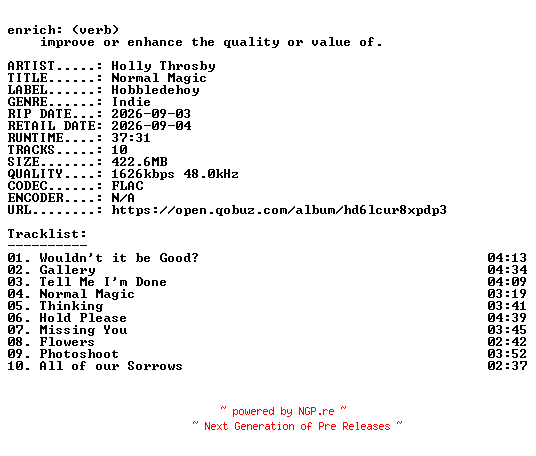 NFO for the release Holly_Throsby-Normal_Magic-24BIT-WEB-FLAC-2026-ENRiCH by ENRiCH