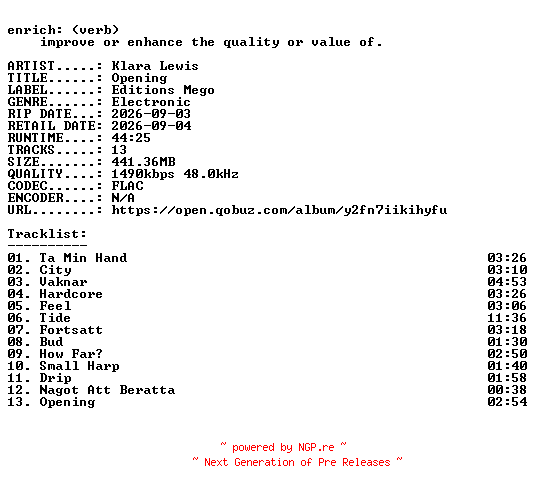 NFO for the release Klara_Lewis-Opening-24BIT-WEB-FLAC-2026-ENRiCH by ENRiCH