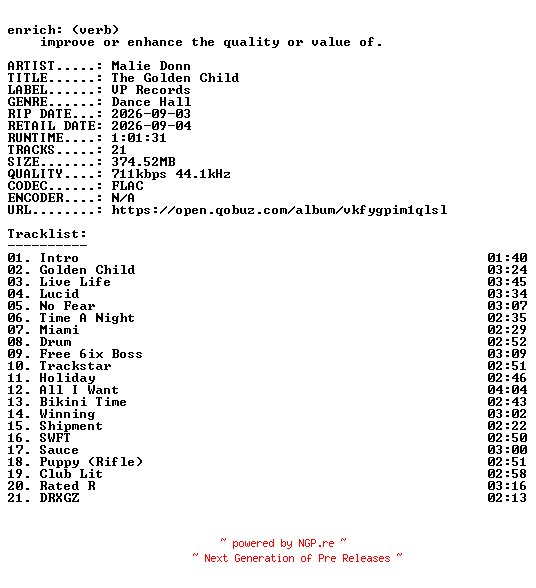 NFO for the release Malie_Donn-The_Golden_Child-16BIT-WEB-FLAC-2026-ENRiCH by ENRiCH