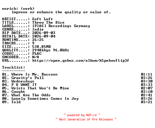 NFO for the release Soft_Loft-Throw_The_Dice-24BIT-WEB-FLAC-2026-ENRiCH by ENRiCH