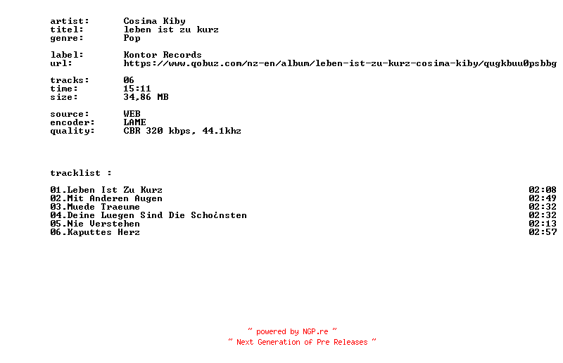 NFO for the release Cosima_Kiby_-_Leben_Ist_Zu_Kurz-WEB-DE-2026-BITCOINS by BITCOINS