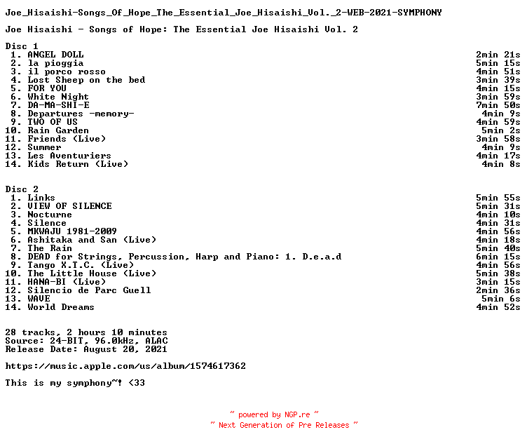 NFO for the release Joe_Hisaishi-Songs_Of_Hope_The_Essential_Joe_Hisaishi_Vol._2-WEB-2021-SYMPHONY by SYMPHONY