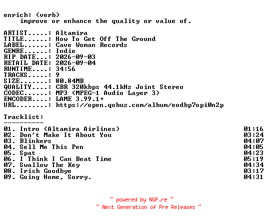 NFO for the release Altamira-How_To_Get_Off_The_Ground-WEB-2026-ENRiCH by ENRiCH