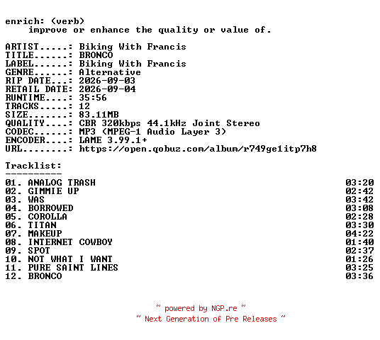 NFO for the release Biking_With_Francis-BRONCO-WEB-2026-ENRiCH by ENRiCH
