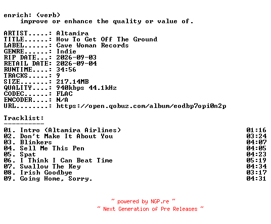 NFO for the release Altamira-How_To_Get_Off_The_Ground-16BIT-WEB-FLAC-2026-ENRiCH by ENRiCH