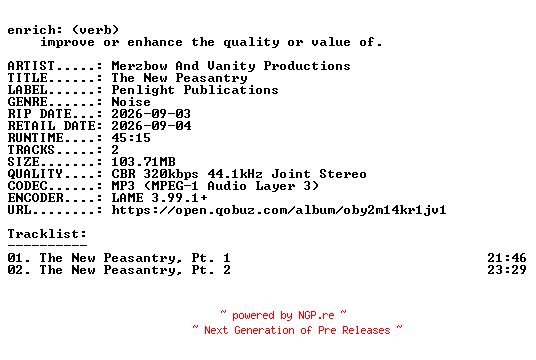 NFO for the release Merzbow_And_Vanity_Productions-The_New_Peasantry-WEB-2026-ENRiCH by ENRiCH