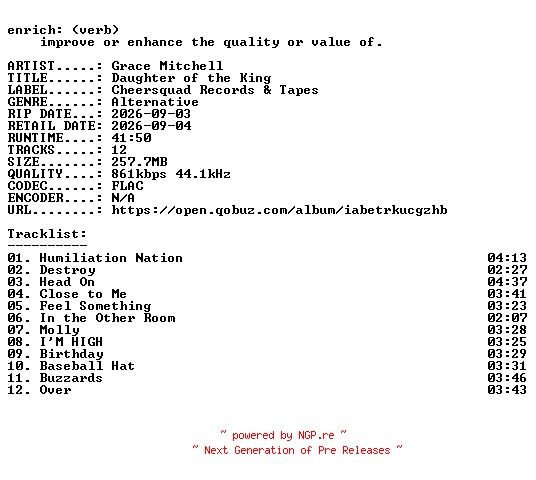 NFO for the release Grace_Mitchell-Daughter_of_the_King-16BIT-WEB-FLAC-2026-ENRiCH by ENRiCH