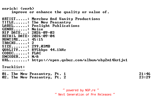 NFO for the release Merzbow_And_Vanity_Productions-The_New_Peasantry-16BIT-WEB-FLAC-2026-ENRiCH by ENRiCH