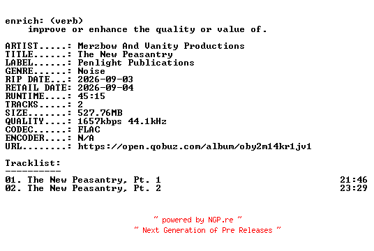 NFO for the release Merzbow_And_Vanity_Productions-The_New_Peasantry-24BIT-WEB-FLAC-2026-ENRiCH by ENRiCH