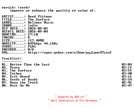 NFO for the release Reed_Pittman-The_Surface-16BIT-WEB-FLAC-2026-ENRiCH by ENRiCH