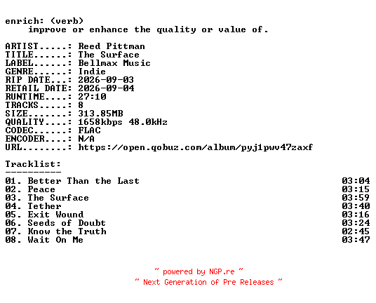 NFO for the release Reed_Pittman-The_Surface-24BIT-WEB-FLAC-2026-ENRiCH by ENRiCH