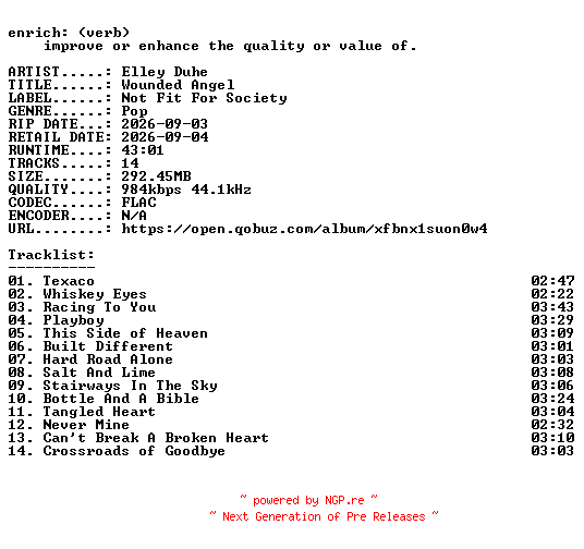 NFO for the release Elley_Duhe-Wounded_Angel-16BIT-WEB-FLAC-2026-ENRiCH by ENRiCH