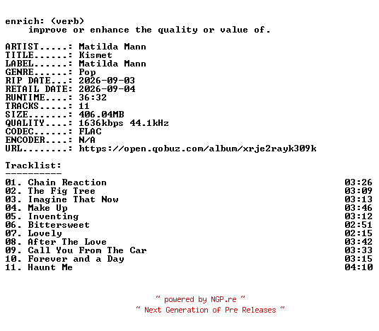 NFO for the release Matilda_Mann-Kismet-24BIT-WEB-FLAC-2026-ENRiCH by ENRiCH