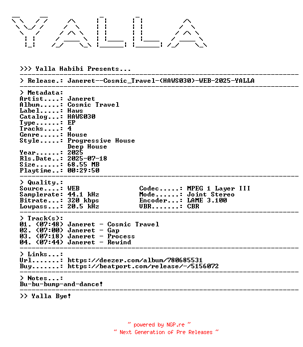 NFO for the release Janeret--Cosmic_Travel-(HAWS030)-WEB-2025-YALLA by YALLA