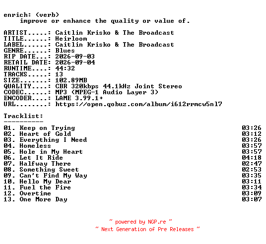 NFO for the release Caitlin_Krisko_and_The_Broadcast-Heirloom-WEB-2026-ENRiCH by ENRiCH
