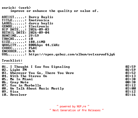 NFO for the release Darcy_Baylis-Emotronica-16BIT-WEB-FLAC-2026-ENRiCH by ENRiCH