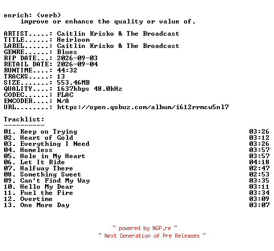 NFO for the release Caitlin_Krisko_and_The_Broadcast-Heirloom-24BIT-WEB-FLAC-2026-ENRiCH by ENRiCH