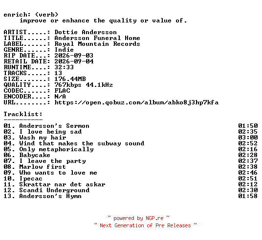 NFO for the release Dottie_Andersson-Andersson_Funeral_Home-16BIT-WEB-FLAC-2026-ENRiCH by ENRiCH
