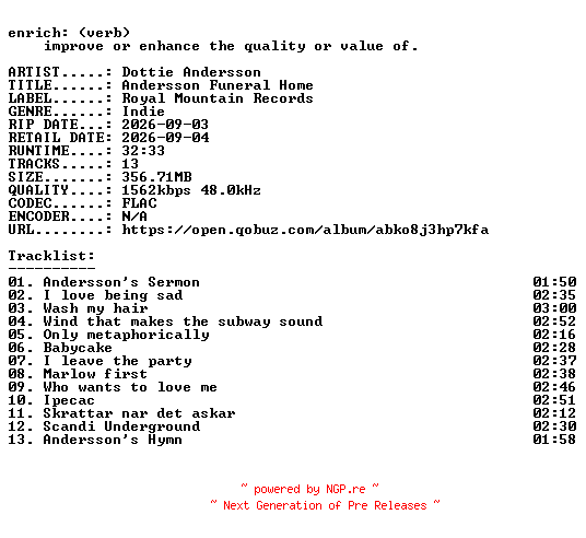 NFO for the release Dottie_Andersson-Andersson_Funeral_Home-24BIT-WEB-FLAC-2026-ENRiCH by ENRiCH