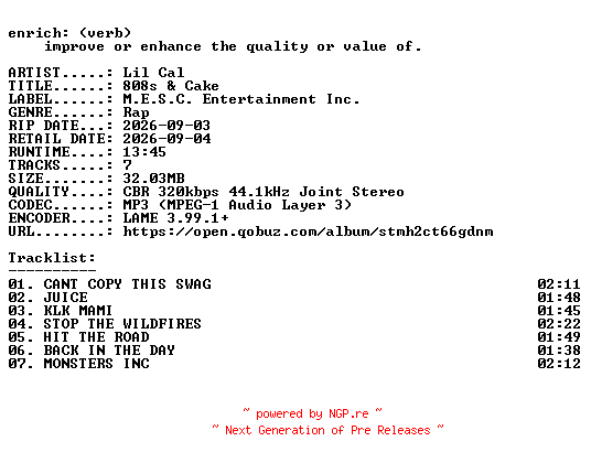 NFO for the release Lil_Cal-808s_and_Cake-EP-WEB-2026-ENRiCH by ENRiCH