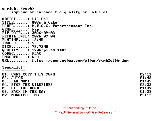NFO for the release Lil_Cal-808s_and_Cake-EP-16BIT-WEB-FLAC-2026-ENRiCH by ENRiCH