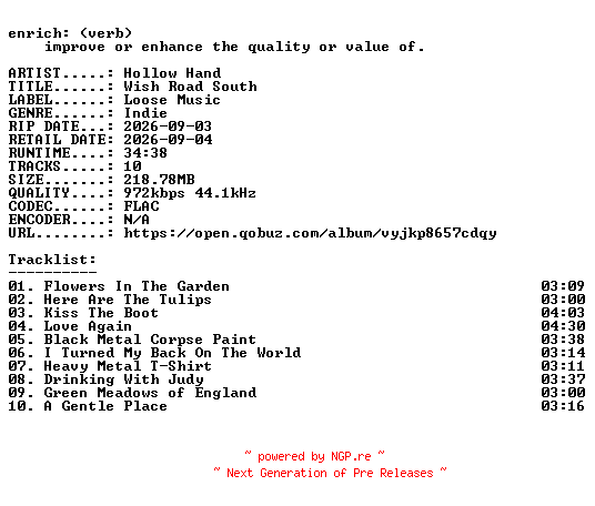 NFO for the release Hollow_Hand-Wish_Road_South-16BIT-WEB-FLAC-2026-ENRiCH by ENRiCH