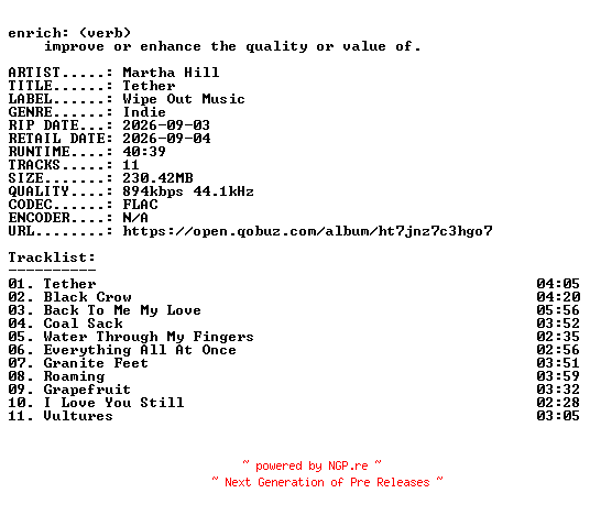 NFO for the release Martha_Hill-Tether-16BIT-WEB-FLAC-2026-ENRiCH by ENRiCH