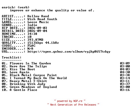 NFO for the release Hollow_Hand-Wish_Road_South-24BIT-WEB-FLAC-2026-ENRiCH by ENRiCH