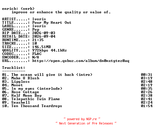 NFO for the release Ivoris-Pour_My_Heart_Out-16BIT-WEB-FLAC-2026-ENRiCH by ENRiCH