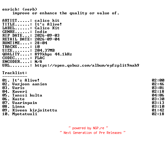 NFO for the release calico_kit-Its_Alive-FI-24BIT-WEB-FLAC-2026-ENRiCH by ENRiCH