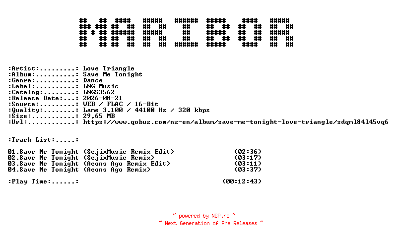 NFO for the release Love_Triangle-Save_Me_Tonight-(LNGS3562)-WEB-2026-MARiBOR by MARiBOR