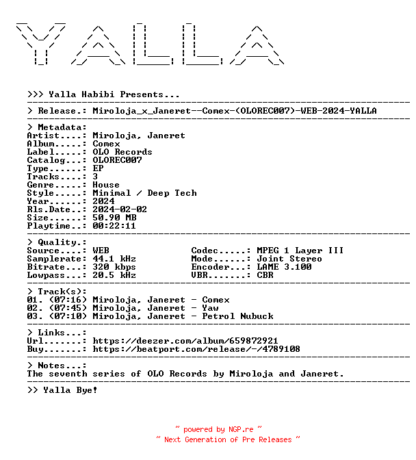 NFO for the release Miroloja_x_Janeret--Comex-(OLOREC007)-WEB-2024-YALLA by YALLA