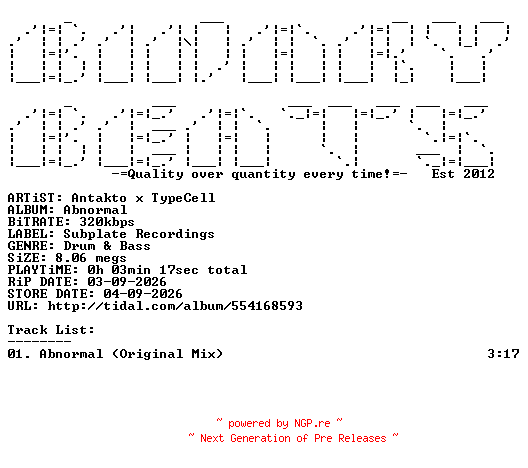 NFO for the release Antakto_x_Typecell-Abnormal-(SUBPLATE236)-SINGLE-WEB-2026-BB by BB