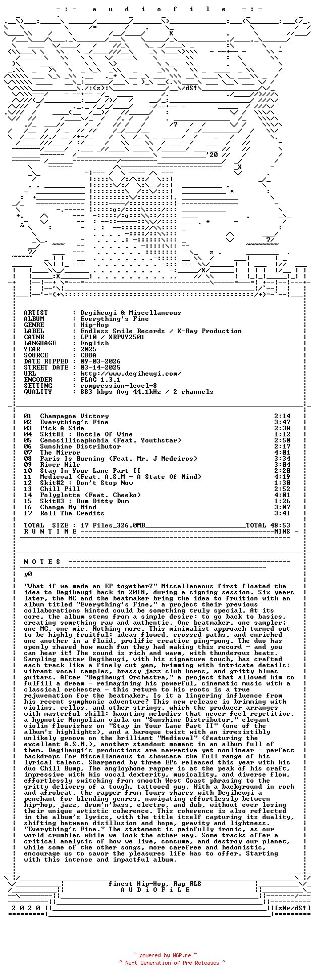 NFO for the release Degiheugi_And_Miscellaneous-Everythings_Fine-CD-FLAC-2025-AUDiOFiLE by AUDiOFiLE