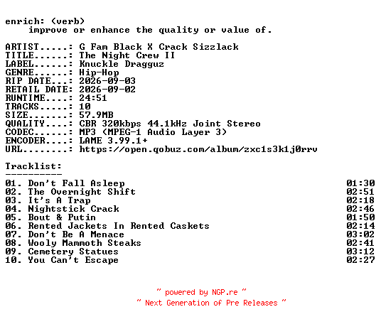 NFO for the release G_Fam_Black_X_Crack_Sizzlack-The_Night_Crew_II-WEB-2026-ENRiCH by ENRiCH
