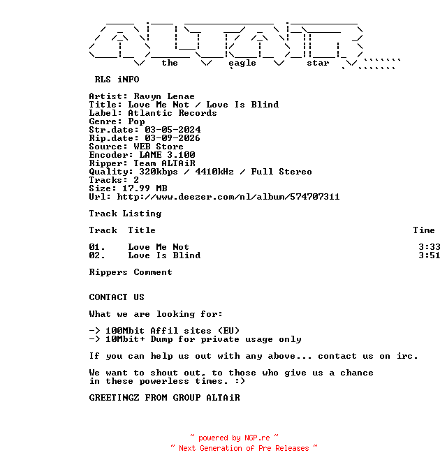 NFO for the release Ravyn_Lenae_-_Love_Me_Not_-_Love_Is_Blind-WEB-2024-ALTAiR by ALTAiR