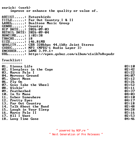 NFO for the release Futurebirds-Far_Out_Country_I_and_II-WEB-2026-ENRiCH by ENRiCH