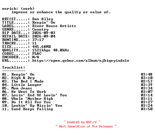 NFO for the release Dan_Alley-Keepin_On-24BIT-WEB-FLAC-2026-ENRiCH by ENRiCH