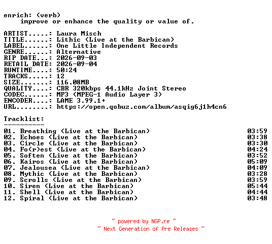 NFO for the release Laura_Misch-Lithic_(Live_at_the_Barbican)-WEB-2026-ENRiCH by ENRiCH
